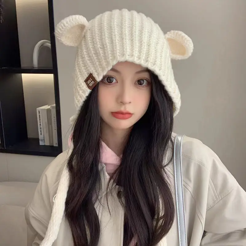Cute Knitted Ear Protection Hat for Women Autumn Winter Thicken Warm Woolen Cap Cartoon Bear Ear Anti-Cold Bomber Hats