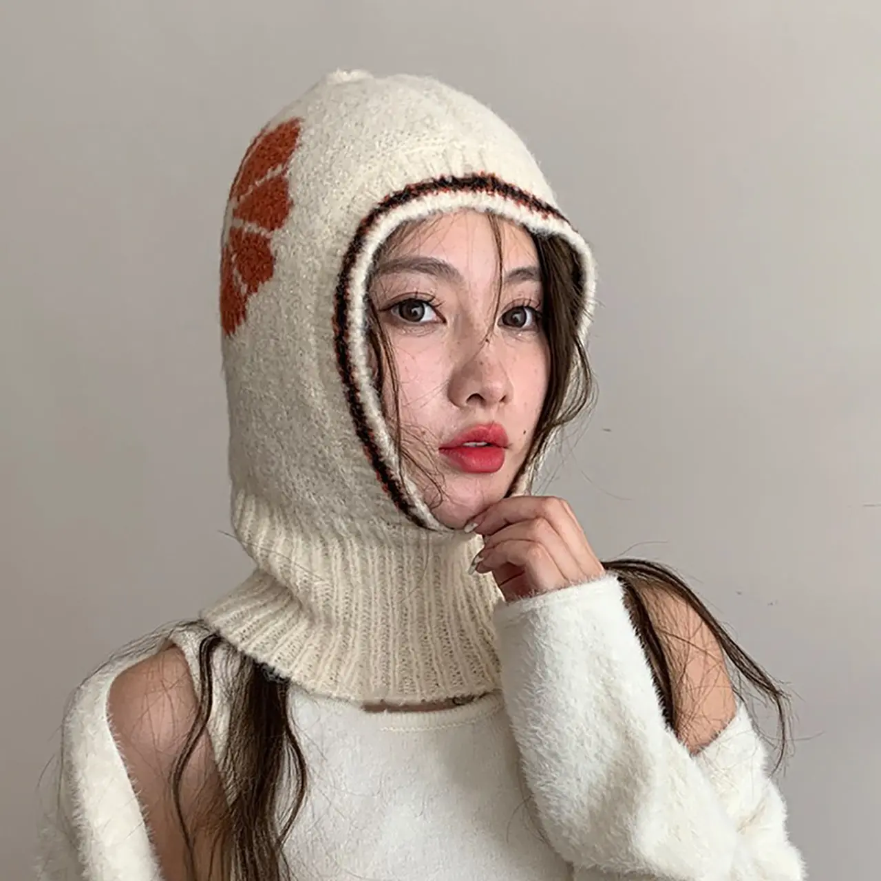 Winter Warm Knitted Balaclava Hat for Women Floral Design Hooded Beanies  3-in-1 Mask Neck Warmer Cycling Caps