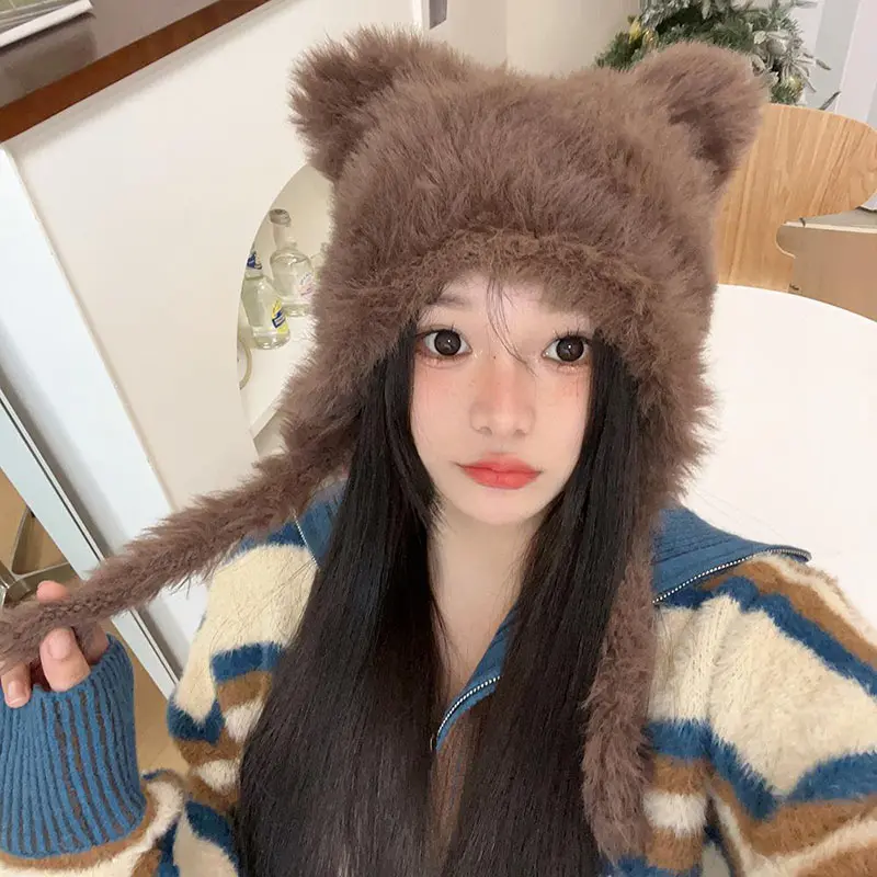 Winter Plush Women Hat Cute Bear Ear Protection Beanie Cap for Girls Female Kawaii Solid Color Faux Fur Warm Earmuffs Caps