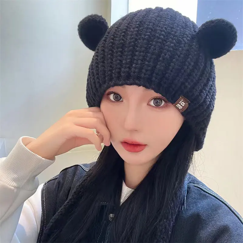 Cute Knitted Ear Protection Hat for Women Autumn Winter Thicken Warm Woolen Cap Cartoon Bear Ear Anti-Cold Bomber Hats