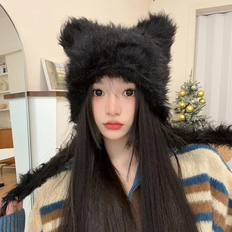 Winter Plush Women Hat Cute Bear Ear Protection Beanie Cap for Girls Female Kawaii Solid Color Faux Fur Warm Earmuffs Caps