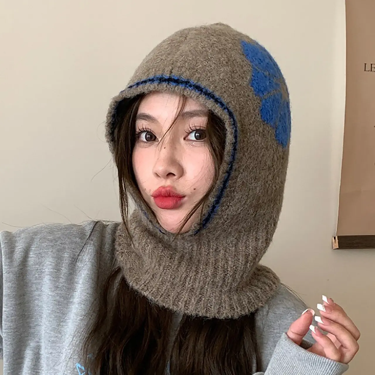 Winter Warm Knitted Balaclava Hat for Women Floral Design Hooded Beanies  3-in-1 Mask Neck Warmer Cycling Caps