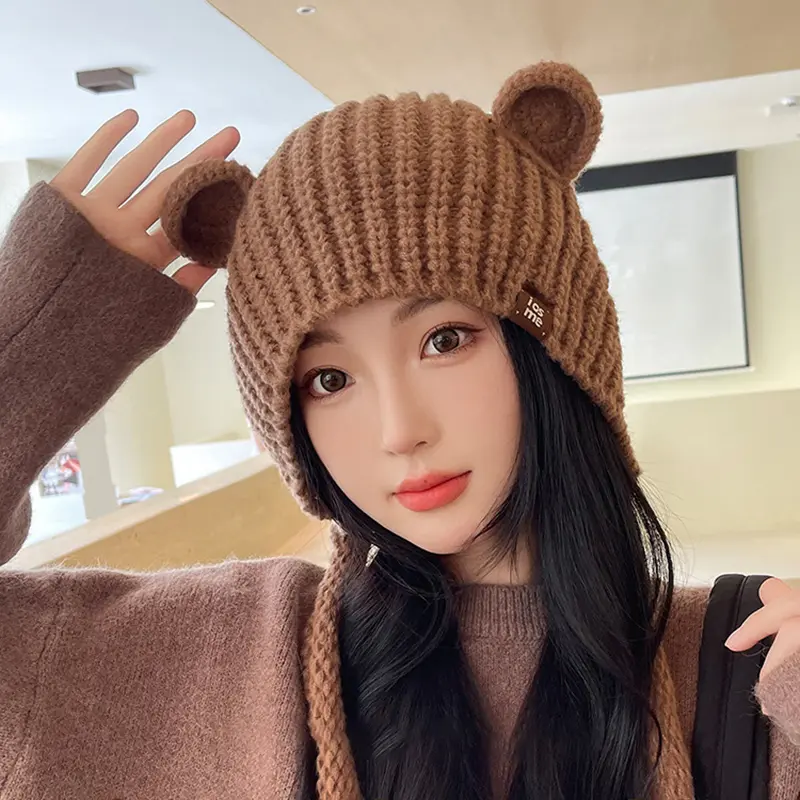 Cute Knitted Ear Protection Hat for Women Autumn Winter Thicken Warm Woolen Cap Cartoon Bear Ear Anti-Cold Bomber Hats