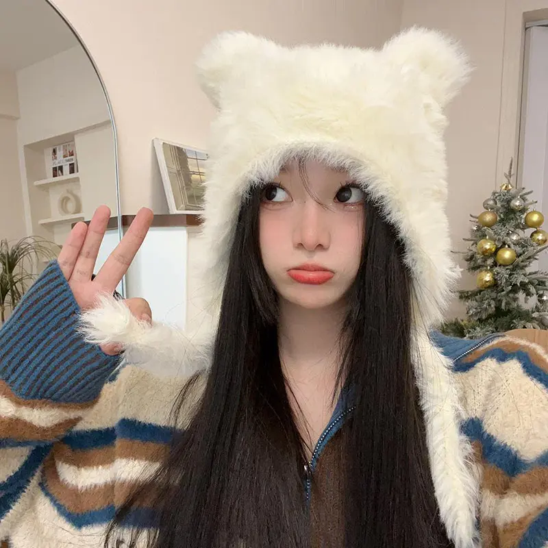 Winter Plush Women Hat Cute Bear Ear Protection Beanie Cap for Girls Female Kawaii Solid Color Faux Fur Warm Earmuffs Caps