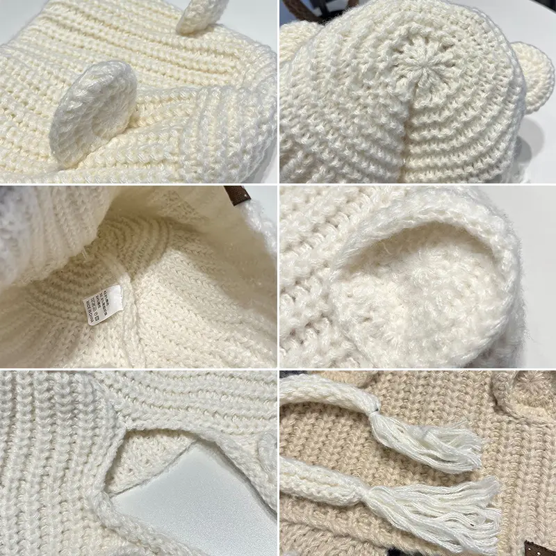 Cute Knitted Ear Protection Hat for Women Autumn Winter Thicken Warm Woolen Cap Cartoon Bear Ear Anti-Cold Bomber Hats