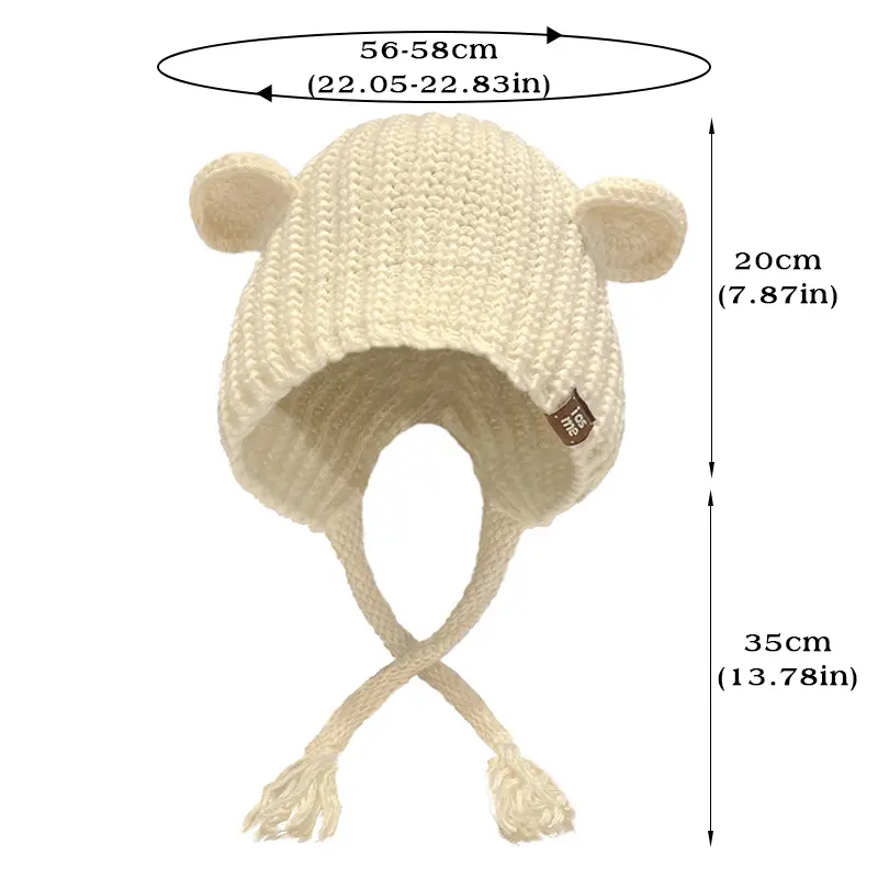 Cute Knitted Ear Protection Hat for Women Autumn Winter Thicken Warm Woolen Cap Cartoon Bear Ear Anti-Cold Bomber Hats