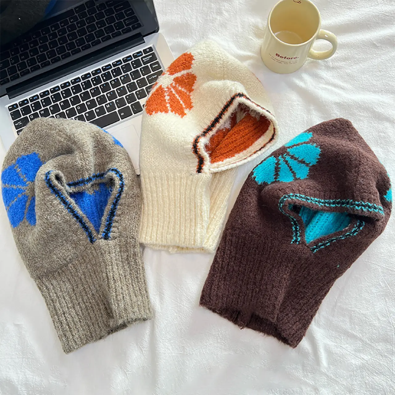 Winter Warm Knitted Balaclava Hat for Women Floral Design Hooded Beanies  3-in-1 Mask Neck Warmer Cycling Caps