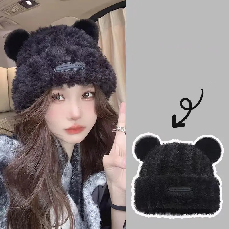 Winter Women Beanie Cap Cute Bear Ear Knitted Thick Plush Hat Cartoon Solid Color Warm Thicken Couple Bucket Hats