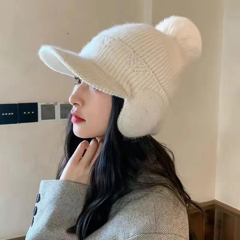 Knitted Earflap Hat for Women Winter Warm Ear Protection Baseball Cap Solid Color Pompom Cycling Earmuff Caps