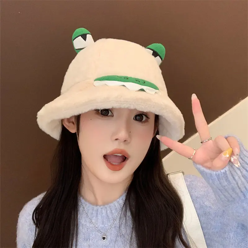 Cute Frog Bucket Hat for Women Winter Warm Plush Fisherman Cap Funny Cartoon Thermal Fluffy Fur Basin Hats