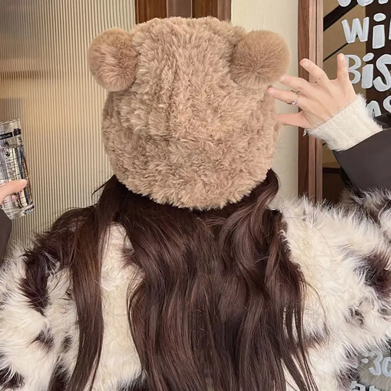 Winter Women Beanie Cap Cute Bear Ear Knitted Thick Plush Hat Cartoon Solid Color Warm Thicken Couple Bucket Hats