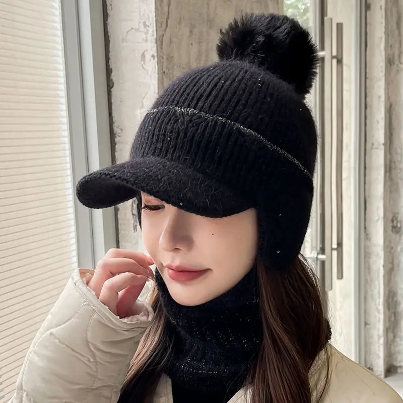 Knitted Earflap Hat for Women Winter Warm Ear Protection Baseball Cap Solid Color Pompom Cycling Earmuff Caps