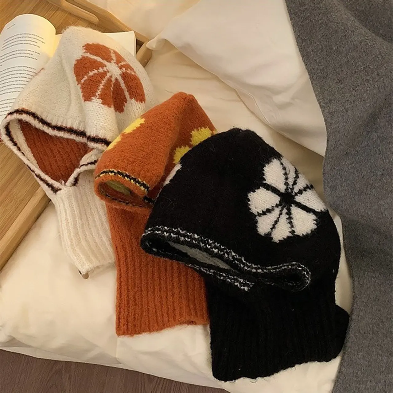 Winter Warm Knitted Balaclava Hat for Women Floral Design Hooded Beanies  3-in-1 Mask Neck Warmer Cycling Caps