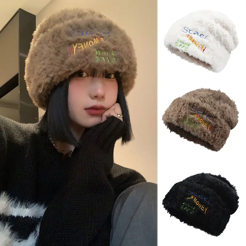 Winter Women Beanie Cap Cute Bear Ear Knitted Thick Plush Hat Cartoon Solid Color Warm Thicken Couple Bucket Hats