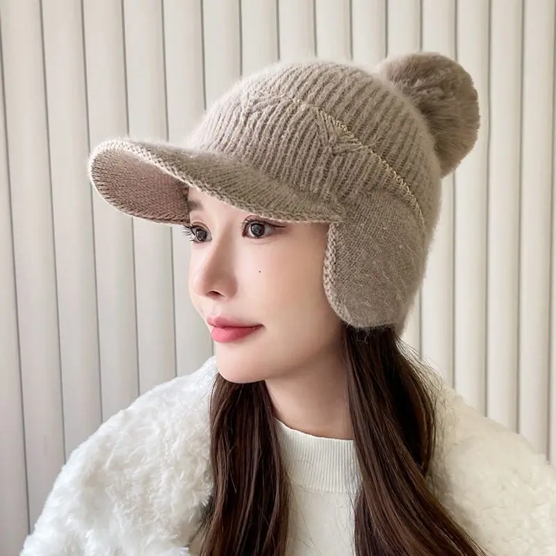 Knitted Earflap Hat for Women Winter Warm Ear Protection Baseball Cap Solid Color Pompom Cycling Earmuff Caps