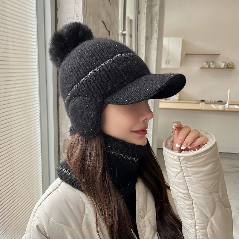 Knitted Earflap Hat for Women Winter Warm Ear Protection Baseball Cap Solid Color Pompom Cycling Earmuff Caps