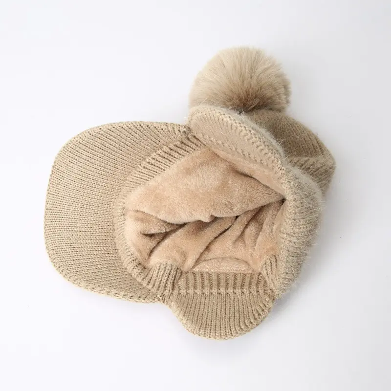 Knitted Earflap Hat for Women Winter Warm Ear Protection Baseball Cap Solid Color Pompom Cycling Earmuff Caps