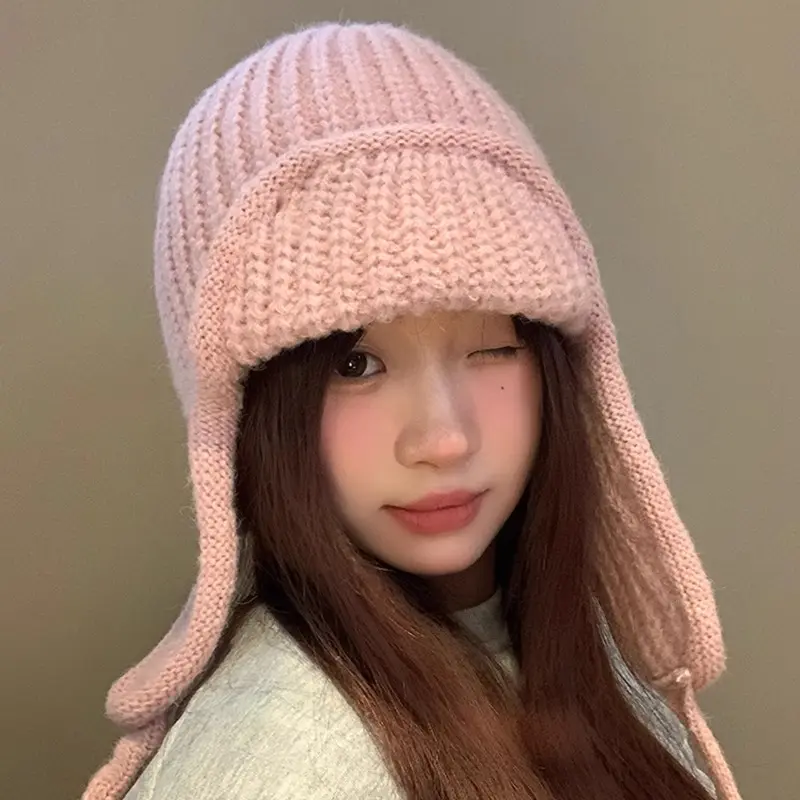 Winter Knit Ear Protection Hat for Women Korean Solid Color Warm Woolen Earflap Cap Outdoor Windproof Girls Beanie Hats