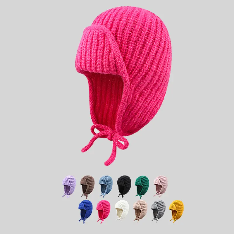 Winter Knit Ear Protection Hat for Women Korean Solid Color Warm Woolen Earflap Cap Outdoor Windproof Girls Beanie Hats