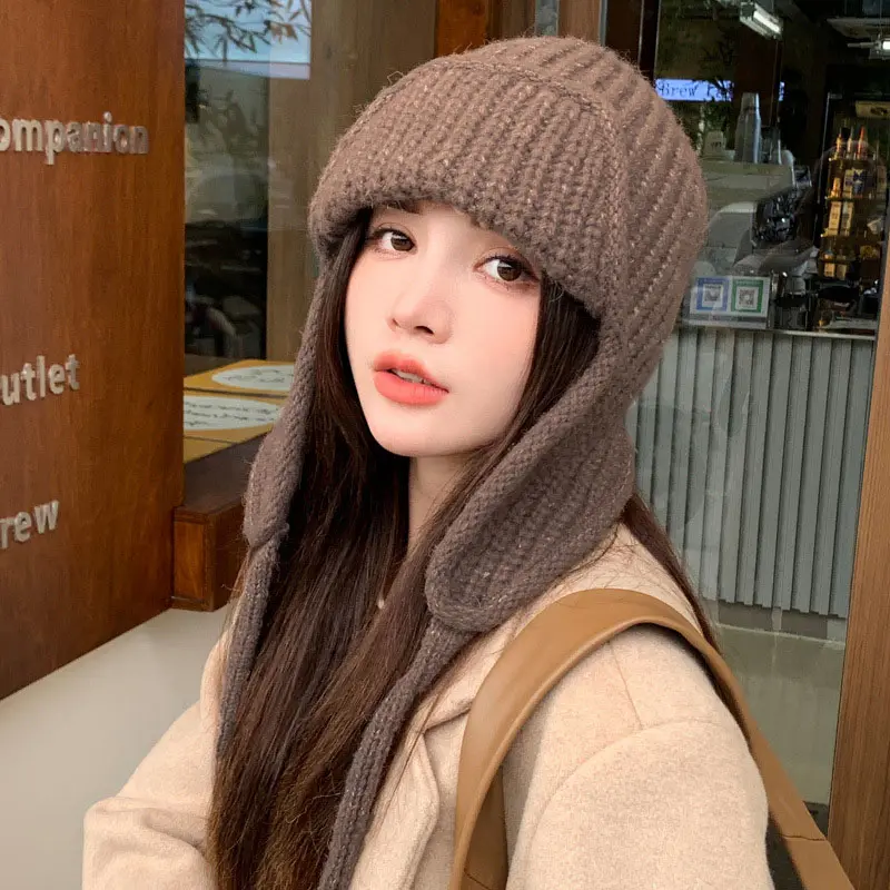 Winter Knit Ear Protection Hat for Women Korean Solid Color Warm Woolen Earflap Cap Outdoor Windproof Girls Beanie Hats