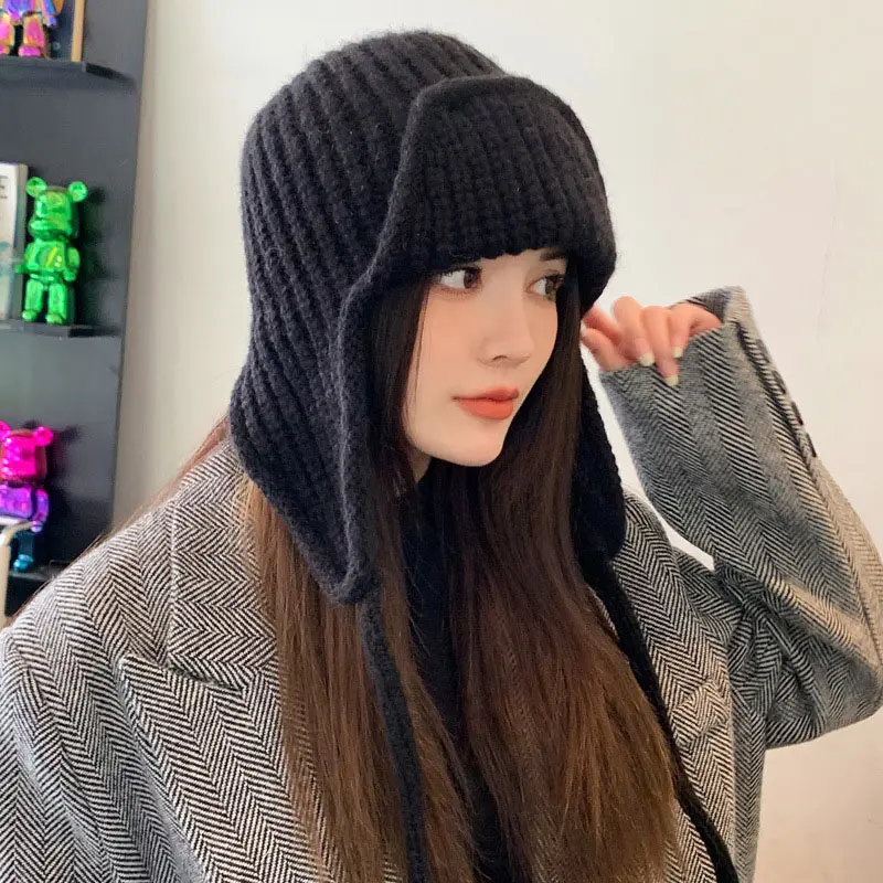 Winter Knit Ear Protection Hat for Women Korean Solid Color Warm Woolen Earflap Cap Outdoor Windproof Girls Beanie Hats