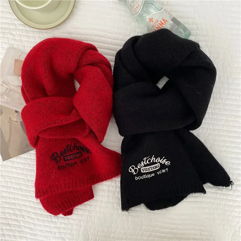 Winter Warm Woolen Scarf Women Letter Knitted Wool Yarn Neckerchief Girls Solid Color Thermal Muffler Female Shawl Neck Wraps