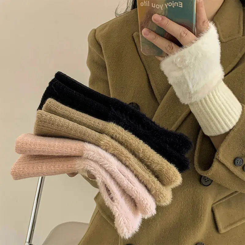 Winter Plush Half Finger Gloves for Women Soft Warm Faux Fur Knitted Arm Gloves Solid Color Girls Mittens Handschoenen