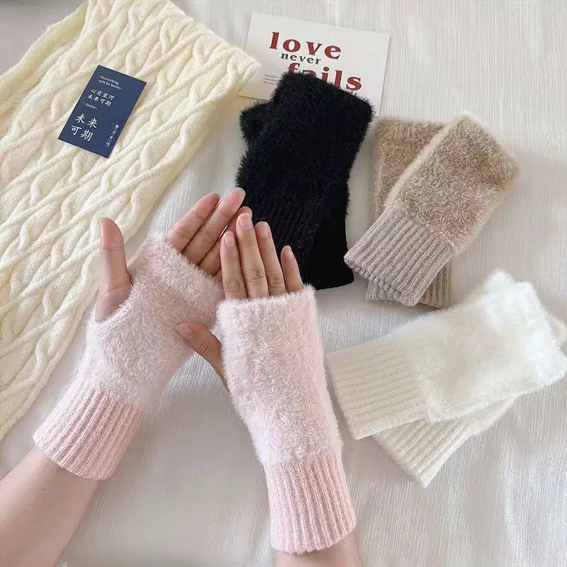 Winter Plush Half Finger Gloves for Women Soft Warm Faux Fur Knitted Arm Gloves Solid Color Girls Mittens Handschoenen