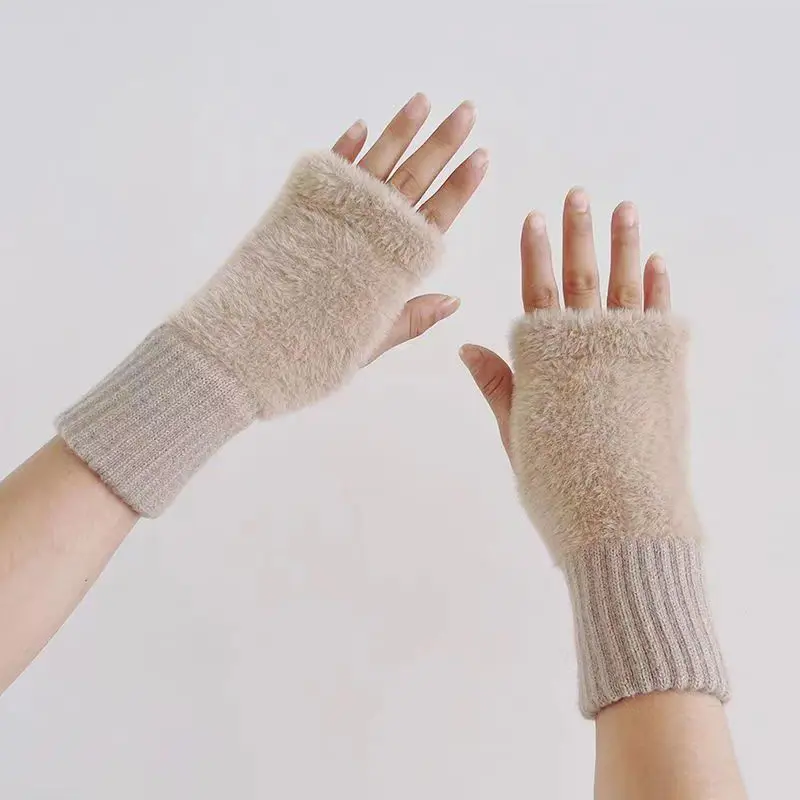 Winter Plush Half Finger Gloves for Women Soft Warm Faux Fur Knitted Arm Gloves Solid Color Girls Mittens Handschoenen