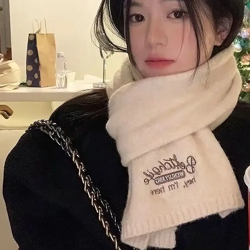 Winter Warm Woolen Scarf Women Letter Knitted Wool Yarn Neckerchief Girls Solid Color Thermal Muffler Female Shawl Neck Wraps