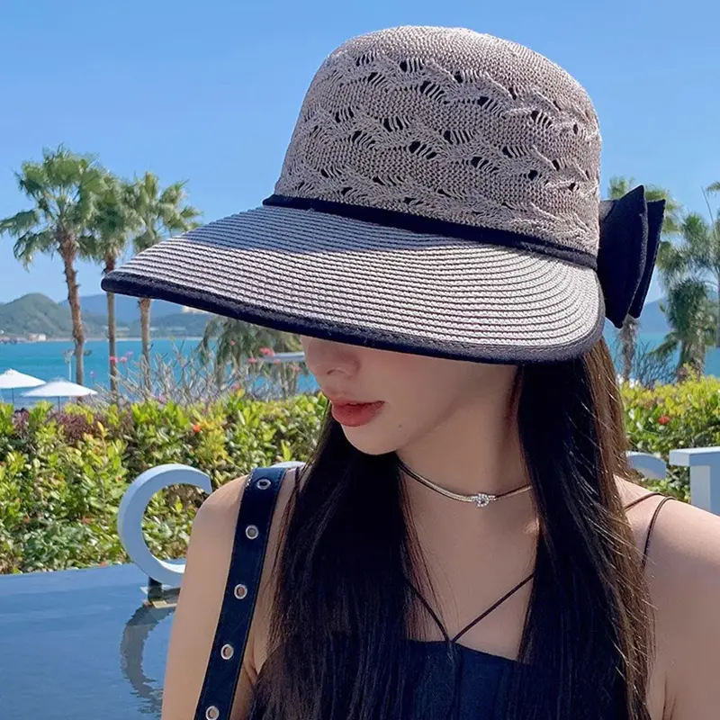 Summer Straw Sun Hat for Women Elegant Bow Wide-brim Visor Caps Outdoor Beach Sunshade Female Panama Hats