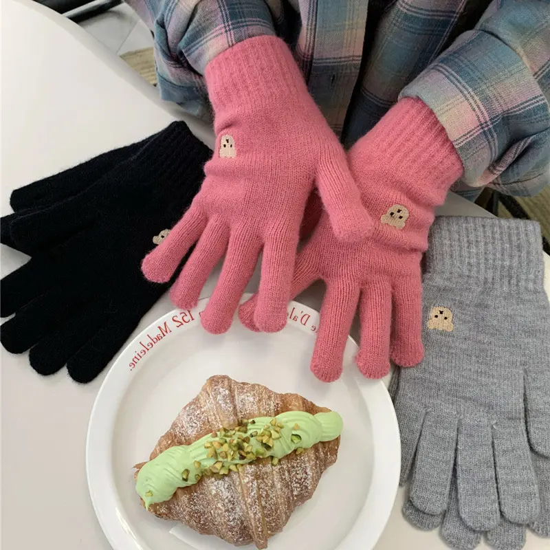 Korean Bear Embroidered Gloves for Women Winter Warm Knitted Mittens Solid Color Anti-Cold Wool Full Fingers Gloves