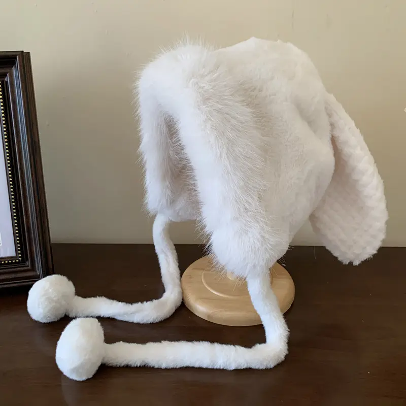 Cute Rabbit Plush Earflap Hat for Women Winter Faux Fur Ear Protector Cap  Solid Color Cartoon Ears Warm Pullover Bomber Caps