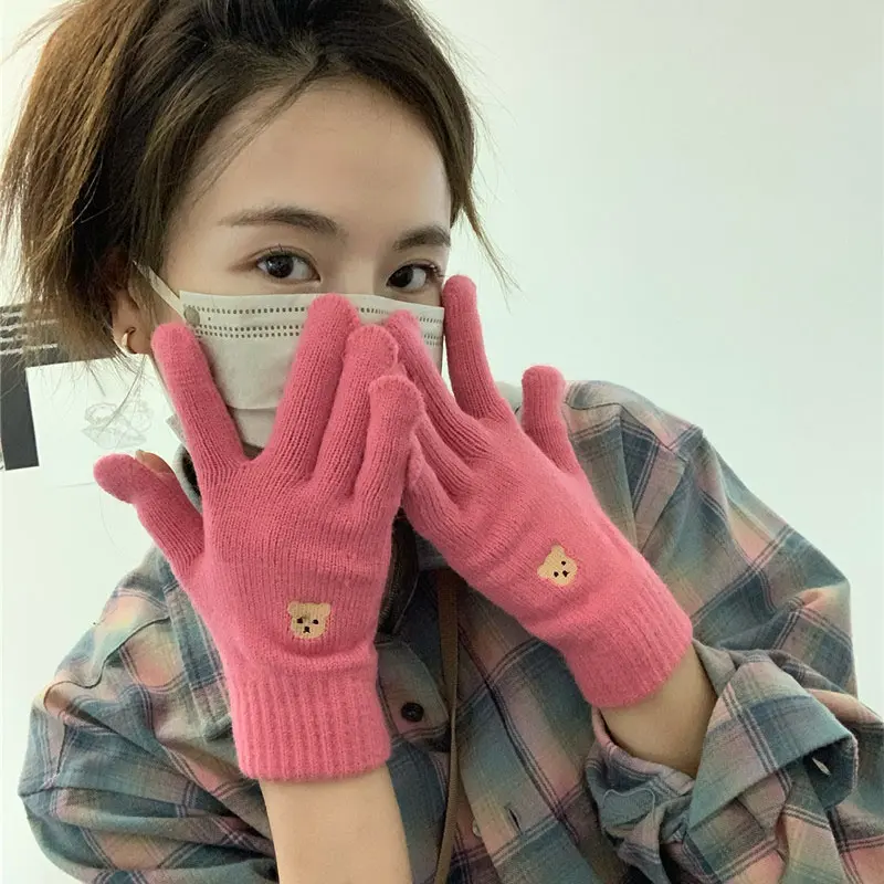 Korean Bear Embroidered Gloves for Women Winter Warm Knitted Mittens Solid Color Anti-Cold Wool Full Fingers Gloves
