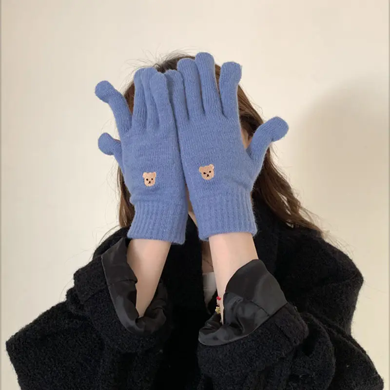 Korean Bear Embroidered Gloves for Women Winter Warm Knitted Mittens Solid Color Anti-Cold Wool Full Fingers Gloves