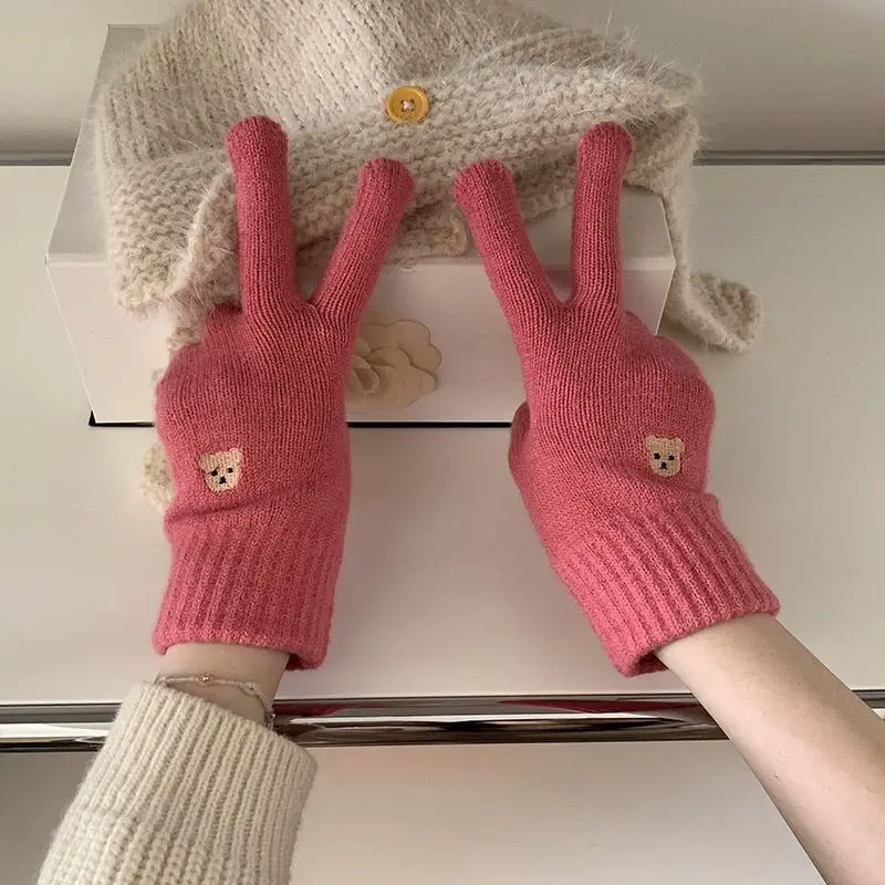 Korean Bear Embroidered Gloves for Women Winter Warm Knitted Mittens Solid Color Anti-Cold Wool Full Fingers Gloves