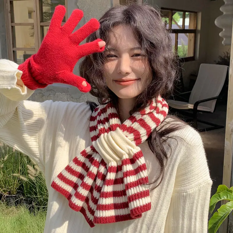 Striped Scarf for Women Winter Warm Thick Woolen Knitted Scarves Outdoor Windproof Long Neckerchief
