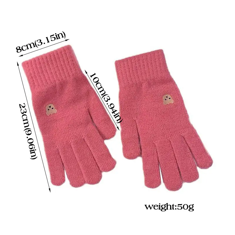 Korean Bear Embroidered Gloves for Women Winter Warm Knitted Mittens Solid Color Anti-Cold Wool Full Fingers Gloves