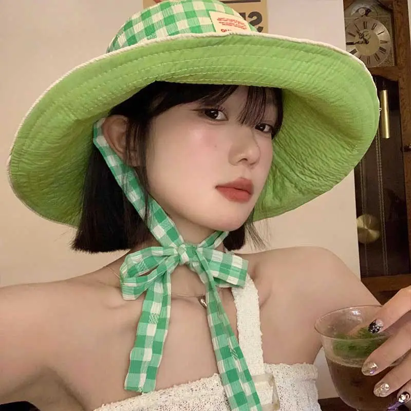 Candy Color Plaid Bucket Hat for Women Y2K Bow Double Sided Wear Fisherman Hat Summer Anti-UV Protection Panama Sun Hats