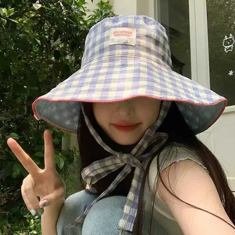 Candy Color Plaid Bucket Hat for Women Y2K Bow Double Sided Wear Fisherman Hat Summer Anti-UV Protection Panama Sun Hats