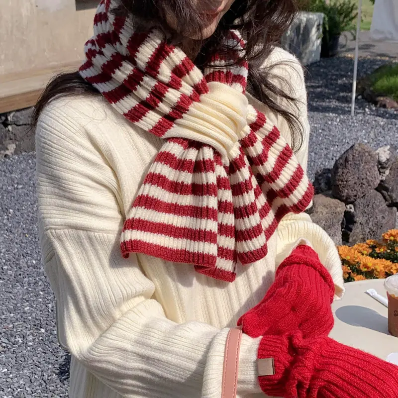 Striped Scarf for Women Winter Warm Thick Woolen Knitted Scarves Outdoor Windproof Long Neckerchief