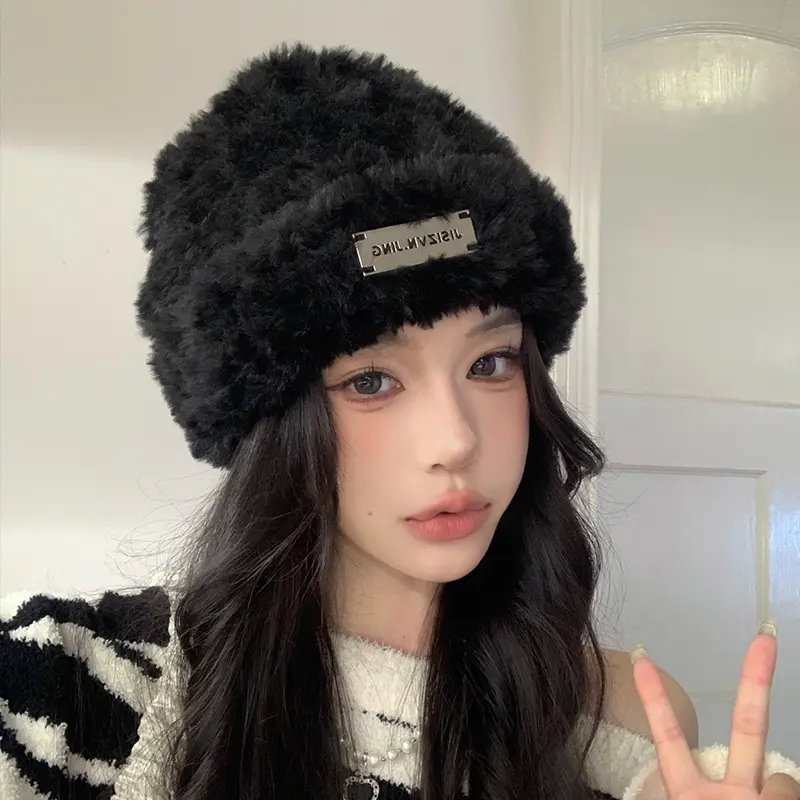 Winter Plush Hat for Women Fluffy Fur Knitted Beanie Cap Korean Solid Color Warm Girls Skullcap