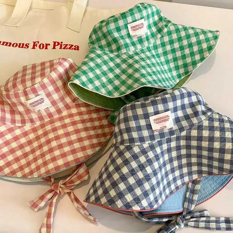 Candy Color Plaid Bucket Hat for Women Y2K Bow Double Sided Wear Fisherman Hat Summer Anti-UV Protection Panama Sun Hats
