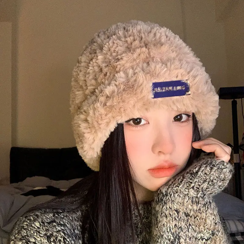 Winter Plush Hat for Women Fluffy Fur Knitted Beanie Cap Korean Solid Color Warm Girls Skullcap