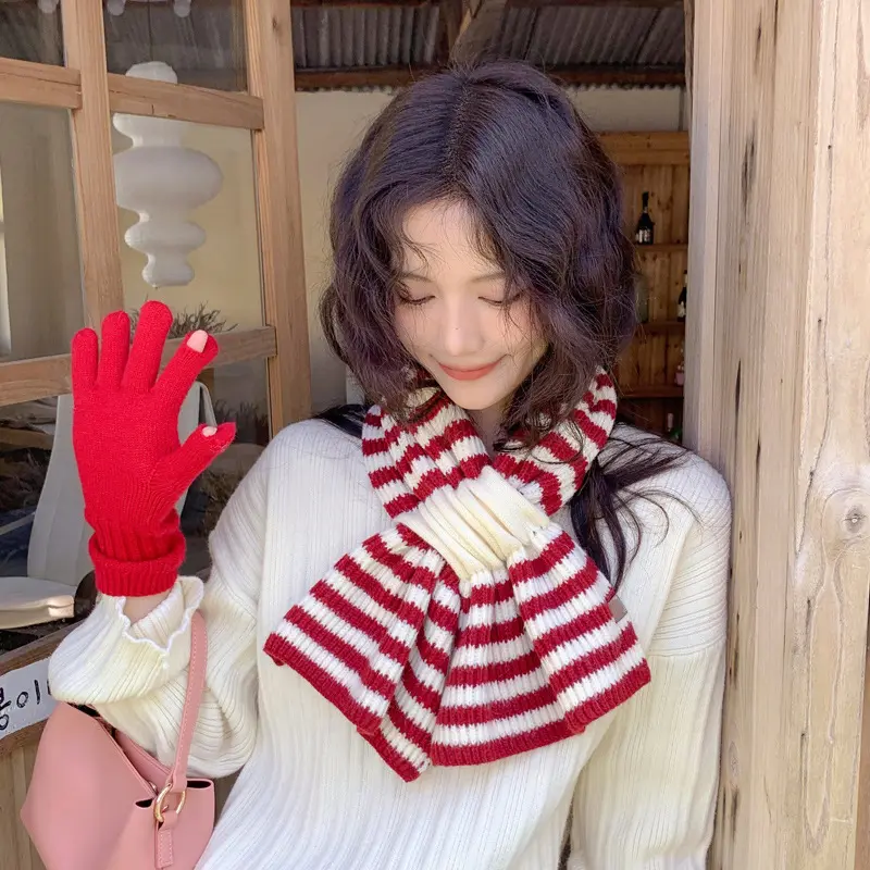 Striped Scarf for Women Winter Warm Thick Woolen Knitted Scarves Outdoor Windproof Long Neckerchief