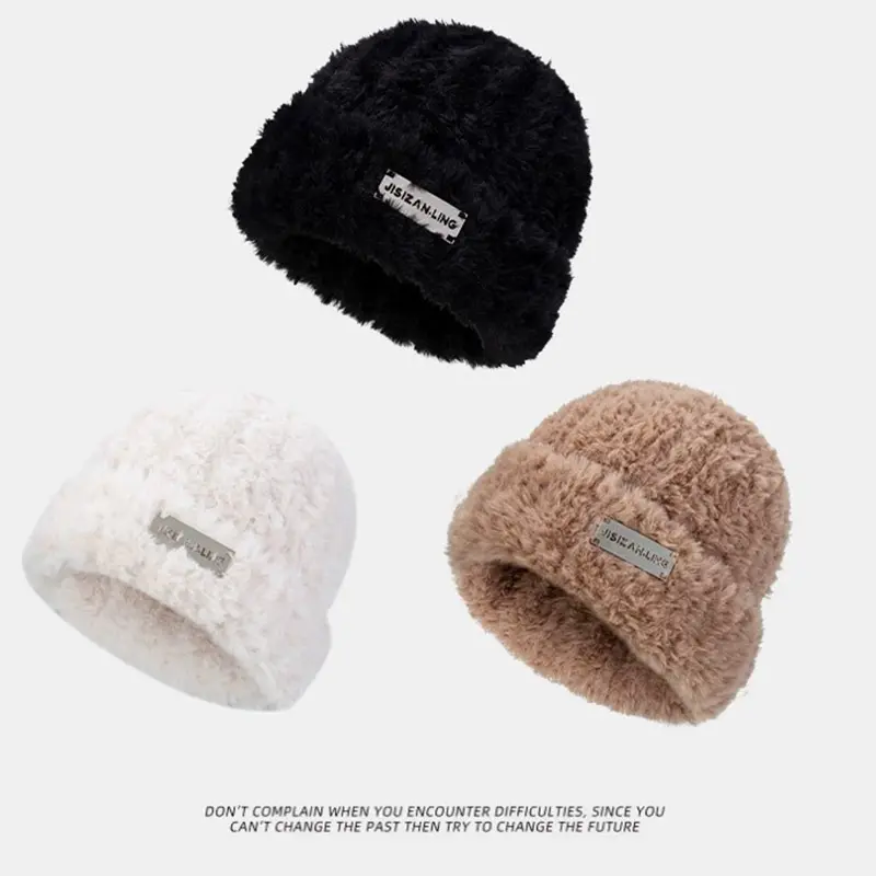 Winter Plush Hat for Women Fluffy Fur Knitted Beanie Cap Korean Solid Color Warm Girls Skullcap
