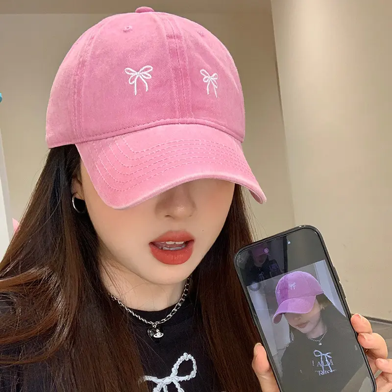 Pink Bow Baseball Cap Women Retro Washed Cotton Dad Hat Solid Color Embroidered Female Sun Hats Summer Peaked Caps