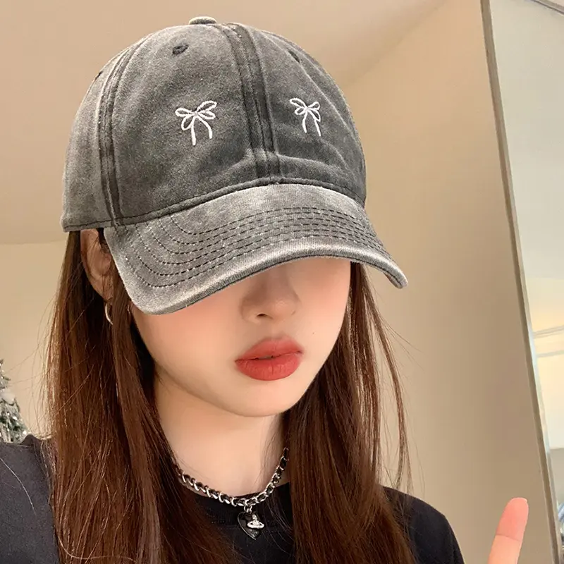 Pink Bow Baseball Cap Women Retro Washed Cotton Dad Hat Solid Color Embroidered Female Sun Hats Summer Peaked Caps