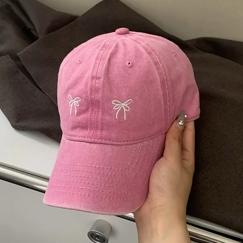 Pink Bow Baseball Cap Women Retro Washed Cotton Dad Hat Solid Color Embroidered Female Sun Hats Summer Peaked Caps