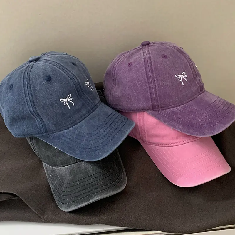 Pink Bow Baseball Cap Women Retro Washed Cotton Dad Hat Solid Color Embroidered Female Sun Hats Summer Peaked Caps